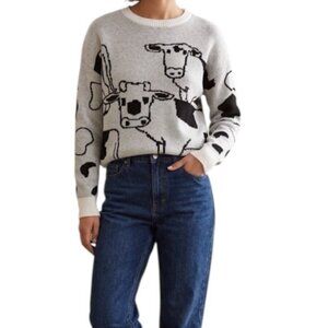 Aqua Blues Ivory Double-Sided Cow Print Pullover Casual Sweater Size Medium